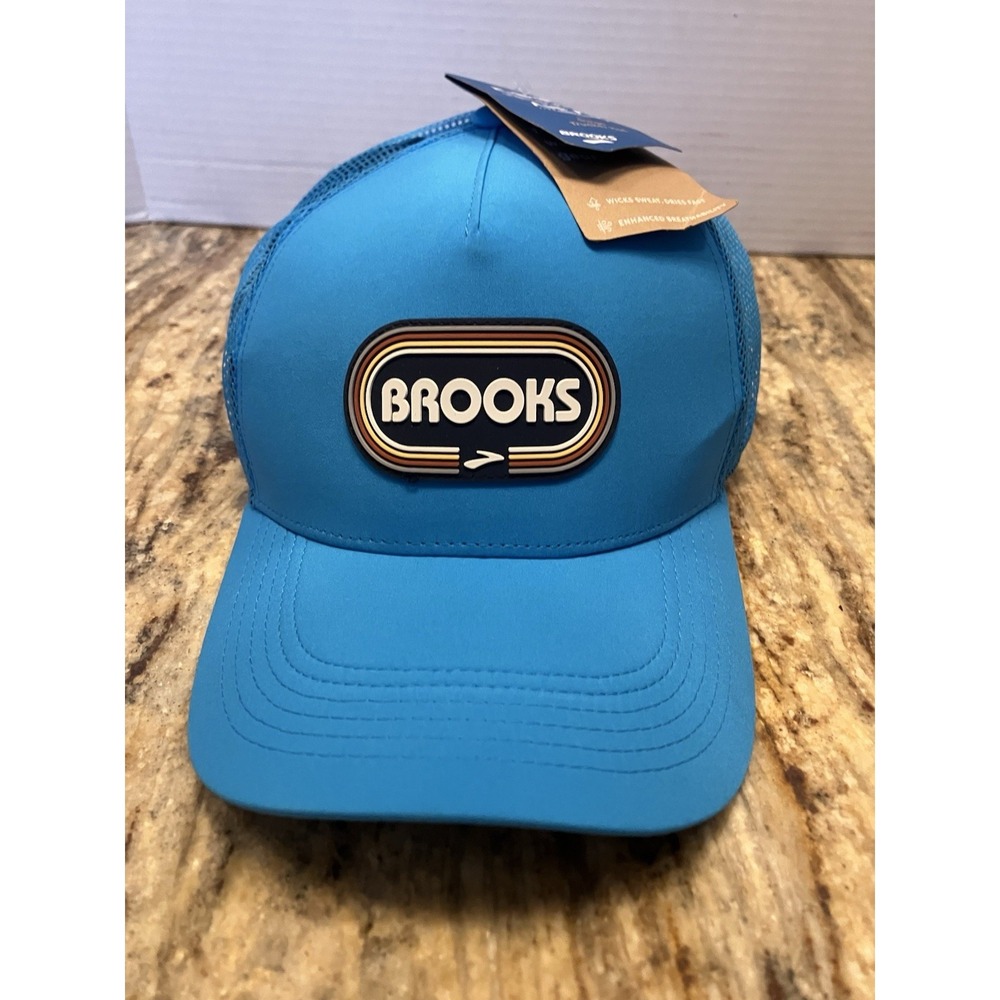 Brooks Surge Running Hat Trucker Blue Colorway Retro Patch UPF +50 Protection